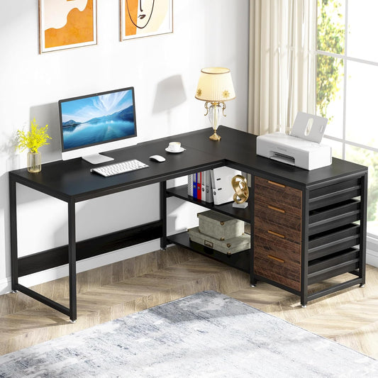 Tribesigns L-Shaped Computer Desk with Storage Drawers, 150cm Corner Desk with Shelves, Reversible L Shaped Office Desk Study Writing Desk Workstation for Home Office, Black
