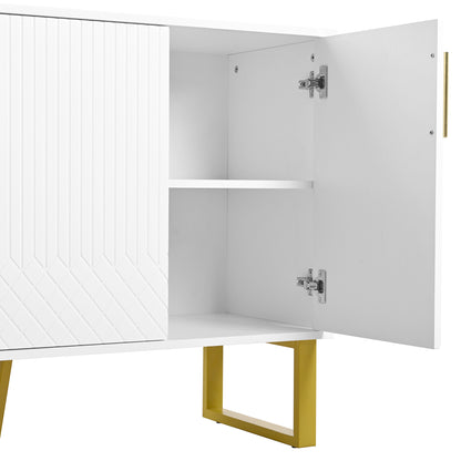Dressoir – Sideboard – Opbergkast – Kast – Buffetkast – Wit Hoogglans – Geometrische Deuren – 140x40x80 cm – Metalen Handgrepen – Metalen Pootjes