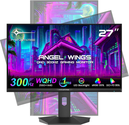 Minifire 27 inch QHD 300Hz Gaming Monitor 2K 2560 x 1440 1440P-1ms AMD FreeSync DCI-P3 98% HDR10, 2 x DP1.4, 2 x HDMI, Height Adjustable (MFG27F6Q Pro) - QUORE