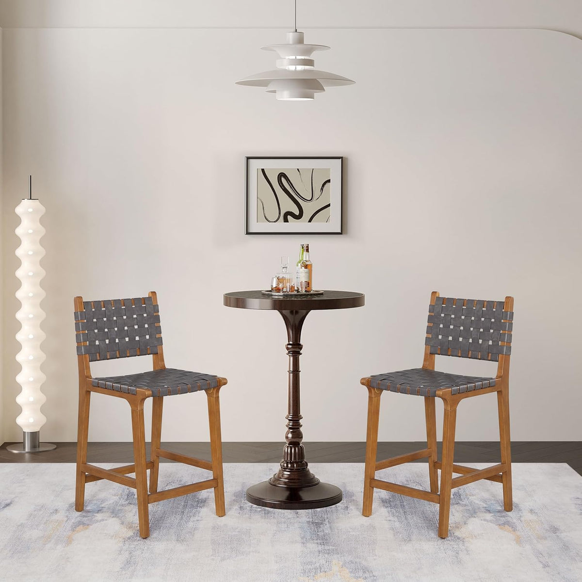 Ball & Cast Woven Counter Stool Kitchen Counter Hoogte Barstool Backrest Wooden Weave Stool, Dark Grey Faux Leather