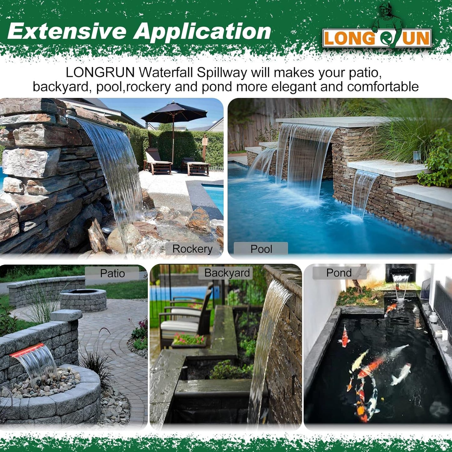 LONGRUN Zwembad Waterval Fontein, 30cm Vijver Watervallen Cascade, Acryl waterval Blad met 7 kleuren LED-licht, Compleet Waterval en Stroom Kits voor Buiten Tuin Vijver Zwembad Waterpartijen