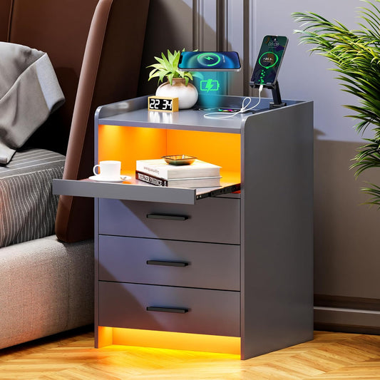 Lvifur Led-nachtkastje met oplaadfunctie, smart nachtkastje met 24 kleuren, dimbaar, hoogglans dressoir met 3 laden, USB Type-C automatische sensor, slaapkamer, grijs