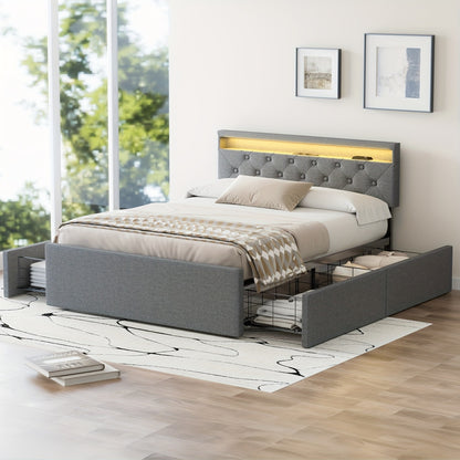 Bedbank – Slaapbank – Slaapstoel – Bankbed – Bedframe – 140x200 cm – Gestoffeerd Grijs Linnen – 4 Lades & USB LED Hoofdbord