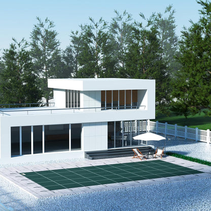 VEVOR Veiligheidsafdekking voor ingegraven zwembaden, 4,9 x 9 m, groen net, veiligheidsdeken, afmetingen 5,5 x 9,8 m, met installatiegereedschap voor winterzwembad, bestand tegen zon, wind