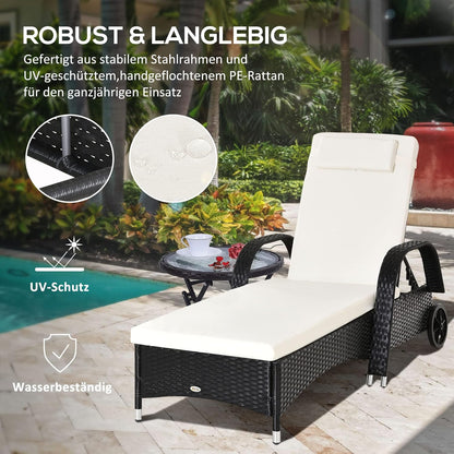 Outsunny Garden Lounger, Sun Lounger, Rattan Lounger with Tilting Backrest, Garden Furniture, Mobile with Cushion, Poly Rattan + Metal, Black, 200 x 73 x 30-103 cm - QUORE