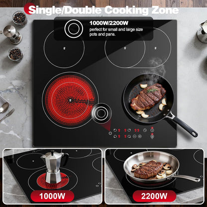 Keramische kookplaat – Inbouw kookplaat – Elektrische kookplaat – Glazen kookplaat – Keramisch fornuis – 4 kookzones – 6600 W – Dubbele uittrekbare zone – Touchbediening – Timer 1-99 min