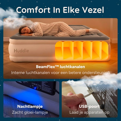 Huddle® NEVER DEFLATE™ Luxe King-size Luchtbed, Good Housekeeping 2025-winnaar, met Dual Pump SlumberGuard™ Technologie, instelbare stevigheid, ingebouwde pomp en USB-nachtlampje.
