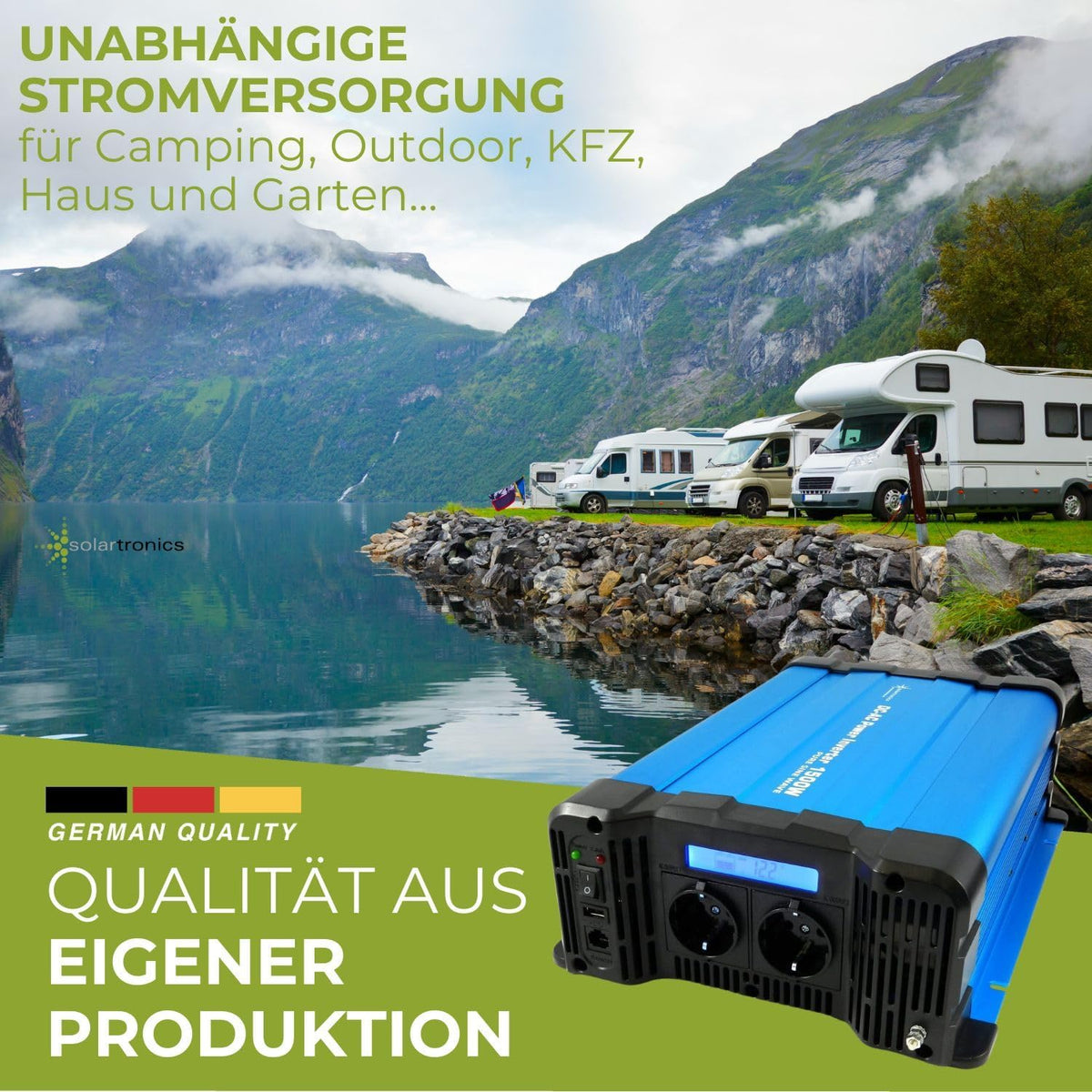 solartronics Spanningsomvormer FS1500D 12V 1500/3000 Watt Pure Sinus BLAUW m. Display FS Serie LiFePO4 / lithium, lood-, gel of AGM-batterij compatibel inverter omvormer
