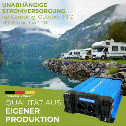 solartronics Spanningsomvormer FS1500D 12V 1500/3000 Watt Pure Sinus BLAUW m. Display FS Serie LiFePO4 / lithium, lood-, gel of AGM-batterij compatibel inverter omvormer