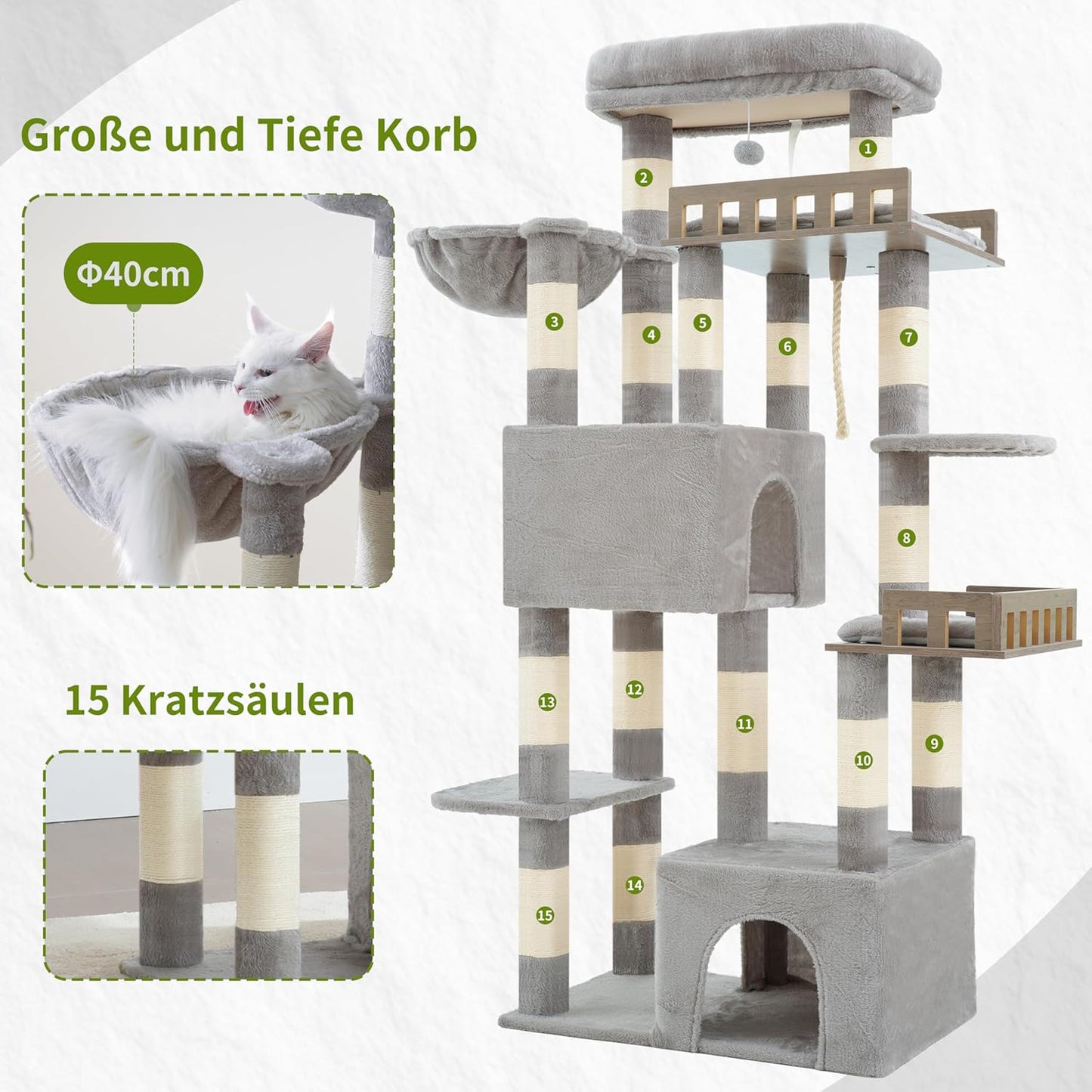 Large Cat Scratching Post for Large Adult Cats, 174 cm Cat Scratching Post with Hammock, 2 Large Sitting Bars, 2 Cat Cavities, 15 Scratching Bars, Light Grey GCT033W - QUORE