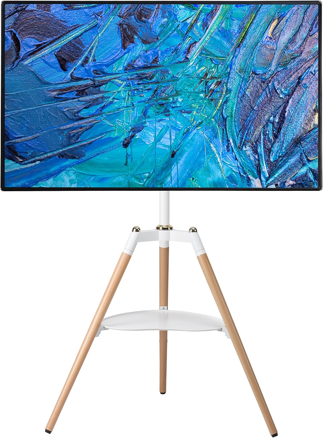 ETHU Tripod TV-standaard houten tv-schildersezel voor 32-65 inch televisie, in hoogte verstelbare tv-vloerstandaard met media-plank voor led/lcd-schermen, tv-standaard met 140° zwenkfunctie, VESA, 600