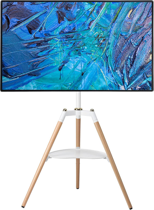 ETHU Tripod TV-standaard houten tv-schildersezel voor 32-65 inch televisie, in hoogte verstelbare tv-vloerstandaard met media-plank voor led/lcd-schermen, tv-standaard met 140° zwenkfunctie, VESA, 600