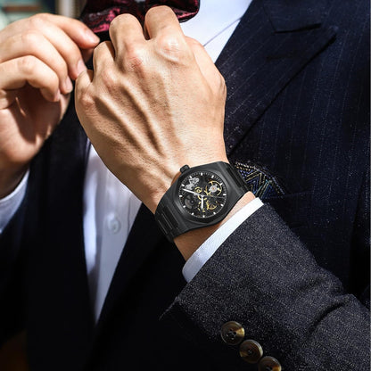 Automatisch herenhorloge, skelet, automatisch uurwerk, precisie (38,5 mm), van 316L staal, waterdicht 10 ATM, krasbestendig saffierglas