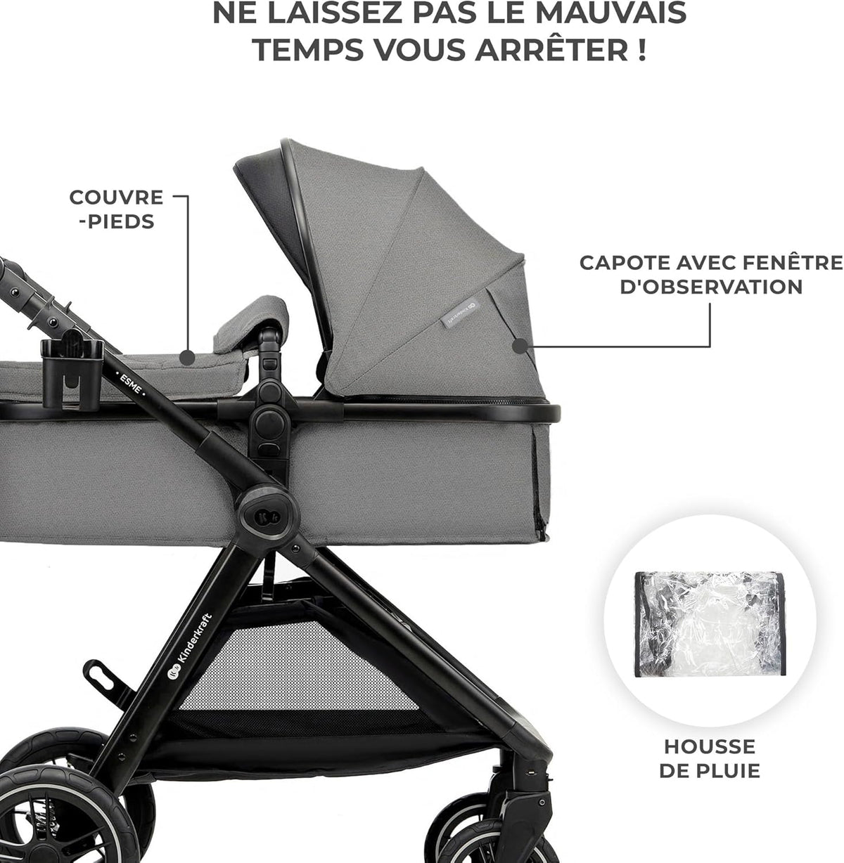 Kinderkraft ESME Mink Pro I-Size 3-in-1 autostoel met draagzak, reissysteem, babybuggy, opvouwbare kinderwagen, voor pasgeborenen tot 4 jaar, grijs