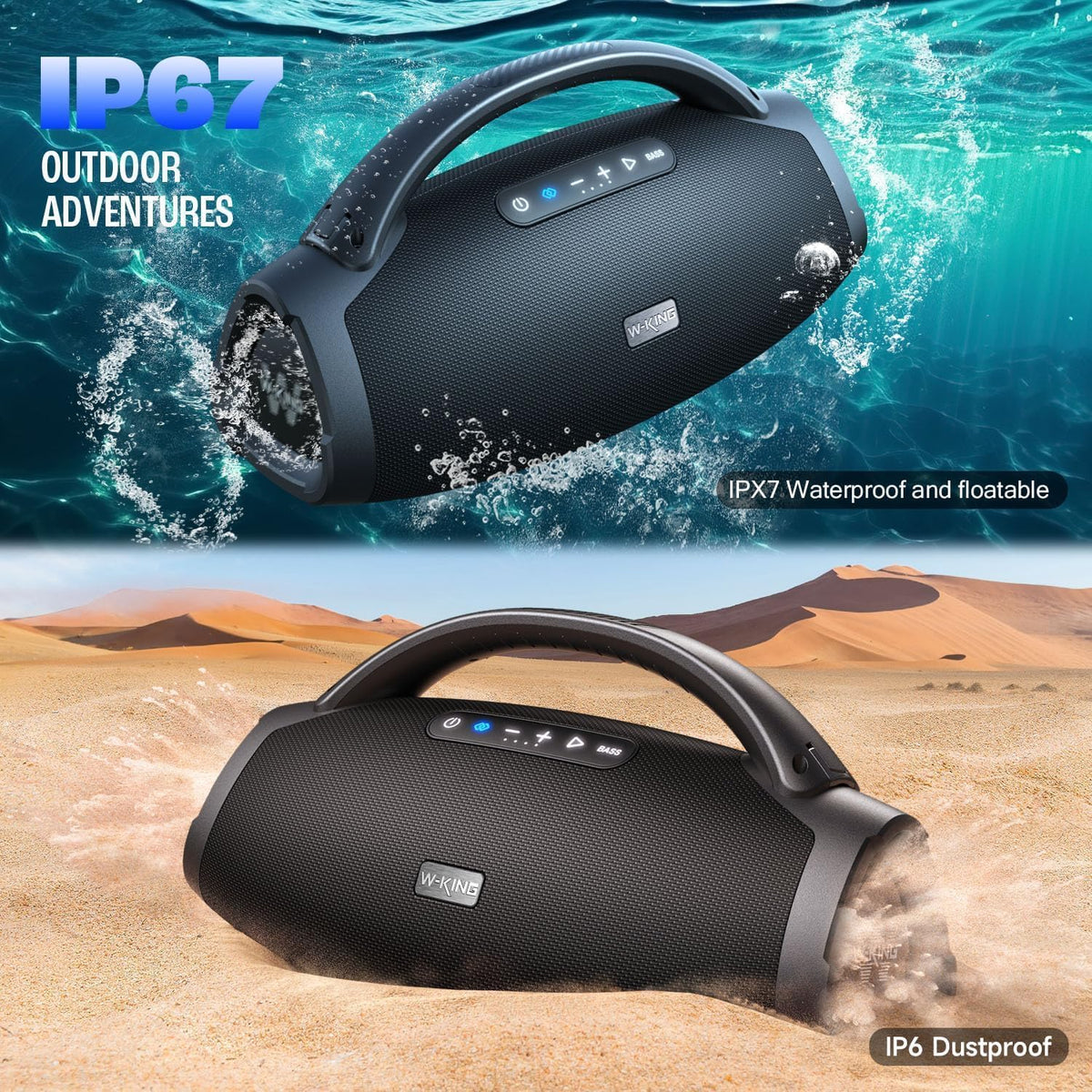 W-KING Bluetooth-luidspreker luid, draagbare draadloze luidspreker met 120W subwoofer, 50W*2 woofers, 15W*2 tweeter, 40Hz massieve bas, IPX7 waterdicht, APP, BT5.4, stereo-koppeling, OTG, grote