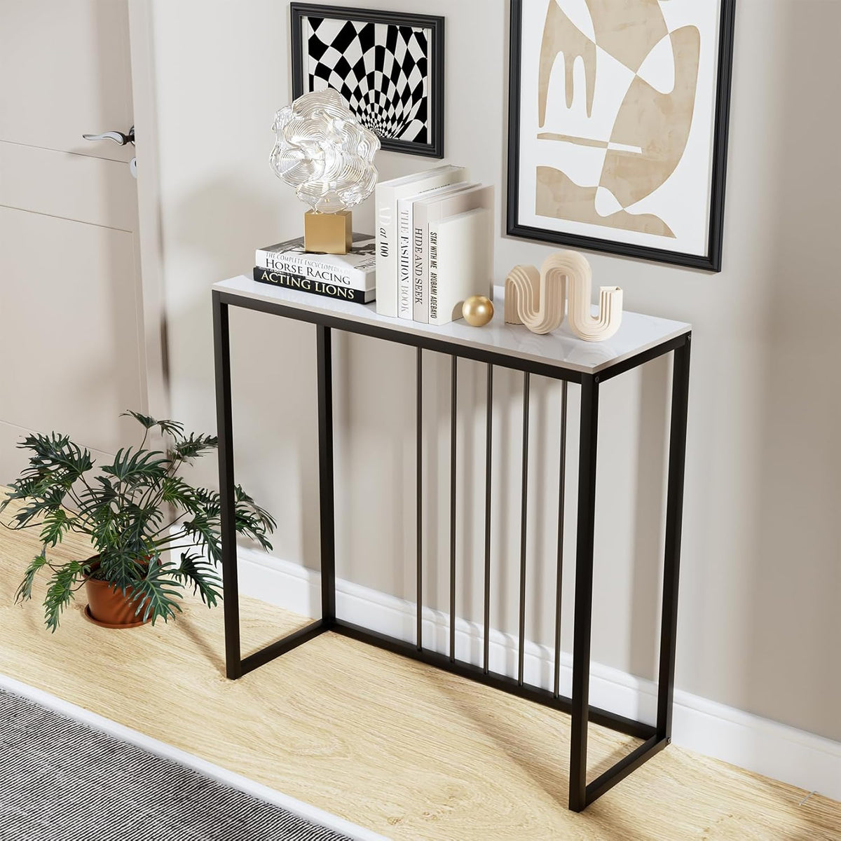 FATIVO Consoletafel, wit, 80 cm, gangtafel, marmer, salontafel, Scandinavisch, bijzettafel, moderne entreetafel met zwart metalen frame, luxe ingang, decoratieve tafel voor woonkamer, 80 x 30 x 78,5