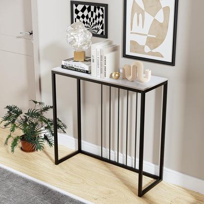 FATIVO Consoletafel, wit, 80 cm, gangtafel, marmer, salontafel, Scandinavisch, bijzettafel, moderne entreetafel met zwart metalen frame, luxe ingang, decoratieve tafel voor woonkamer, 80 x 30 x 78,5