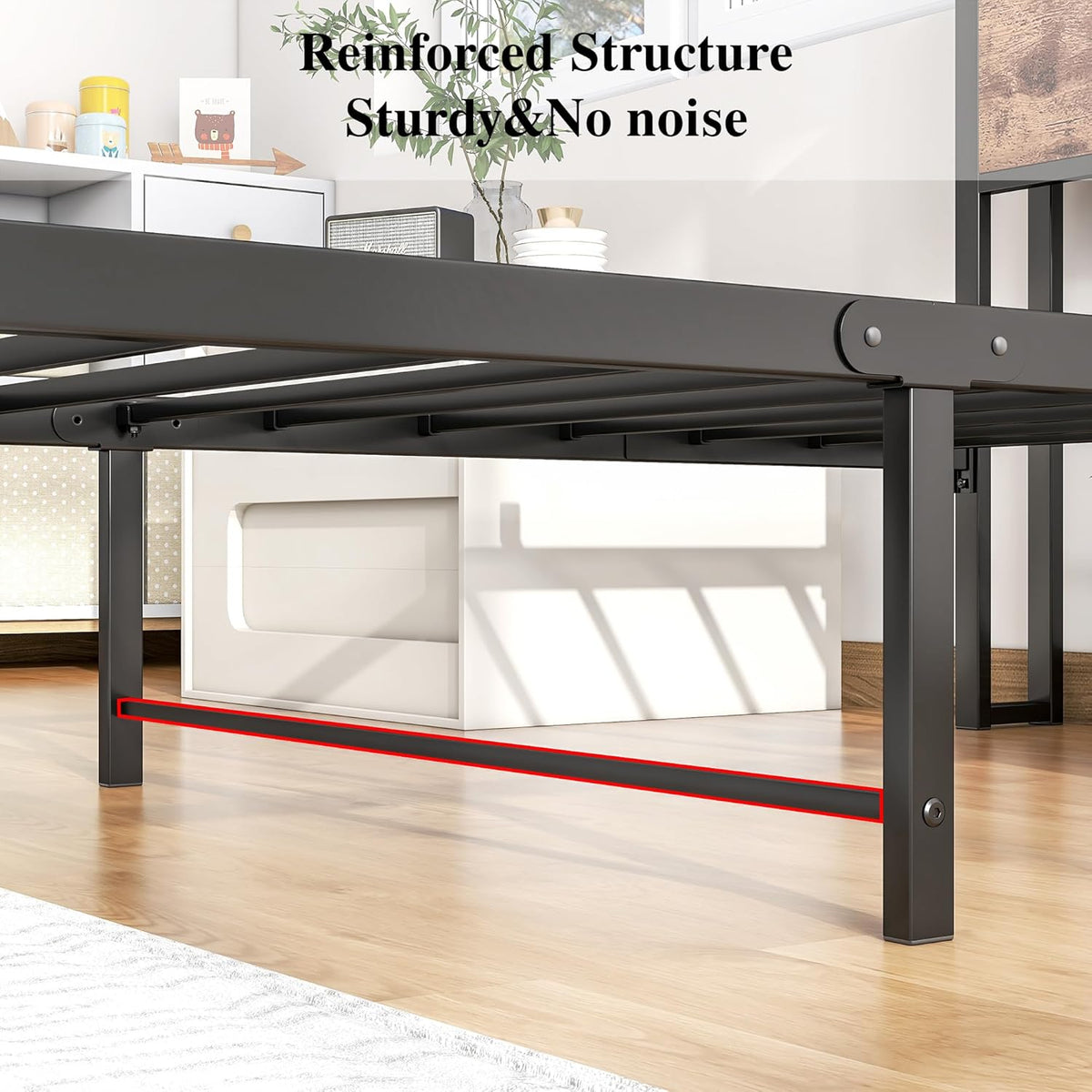 HOJINLINERO Bedframe met lattenbodem, eenpersoonsbed van metaal, 90 x 200 cm, bed met houten opbergruimte, hoofdeinde, logeerbed, tienerbed, dagbed, bedframe, zwart