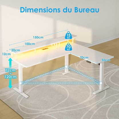 OffiGo Desk Height Adjustable, 150 x 120 cm Corner Desk Electric Standing Desk with Monitor Holder, L-Shape Electric Standing Desk with Power Outlets, Computer Desk with LED for Office, White - QUORE