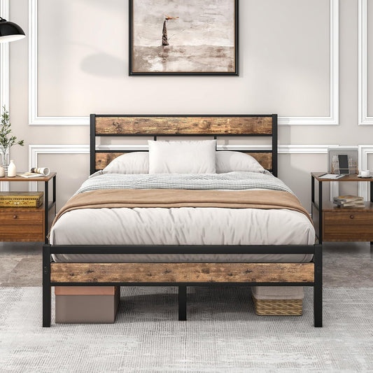 HOJINLINERO Metalen bedframe, bedframe 120 x 200 cm met lattenbodem, metaal/hout, hoofdeinde voor slaapkamer, logeerkamer, tweepersoonsbed, 120 x 200 cm, vintage bruin + zwart