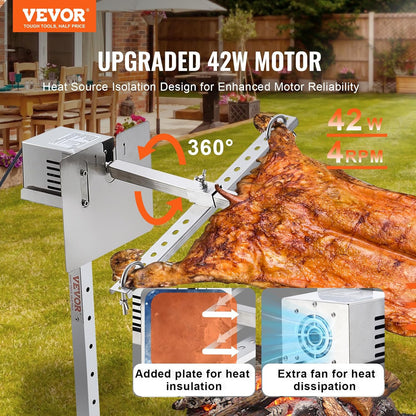 VEVOR Lamsgrill, varkensgrill, braadrooster, grillrooster, max. belasting 41 kg, voor varkensvlees, lam, elektromotor met 42 W, commerciële draaispies van roestvrij staal