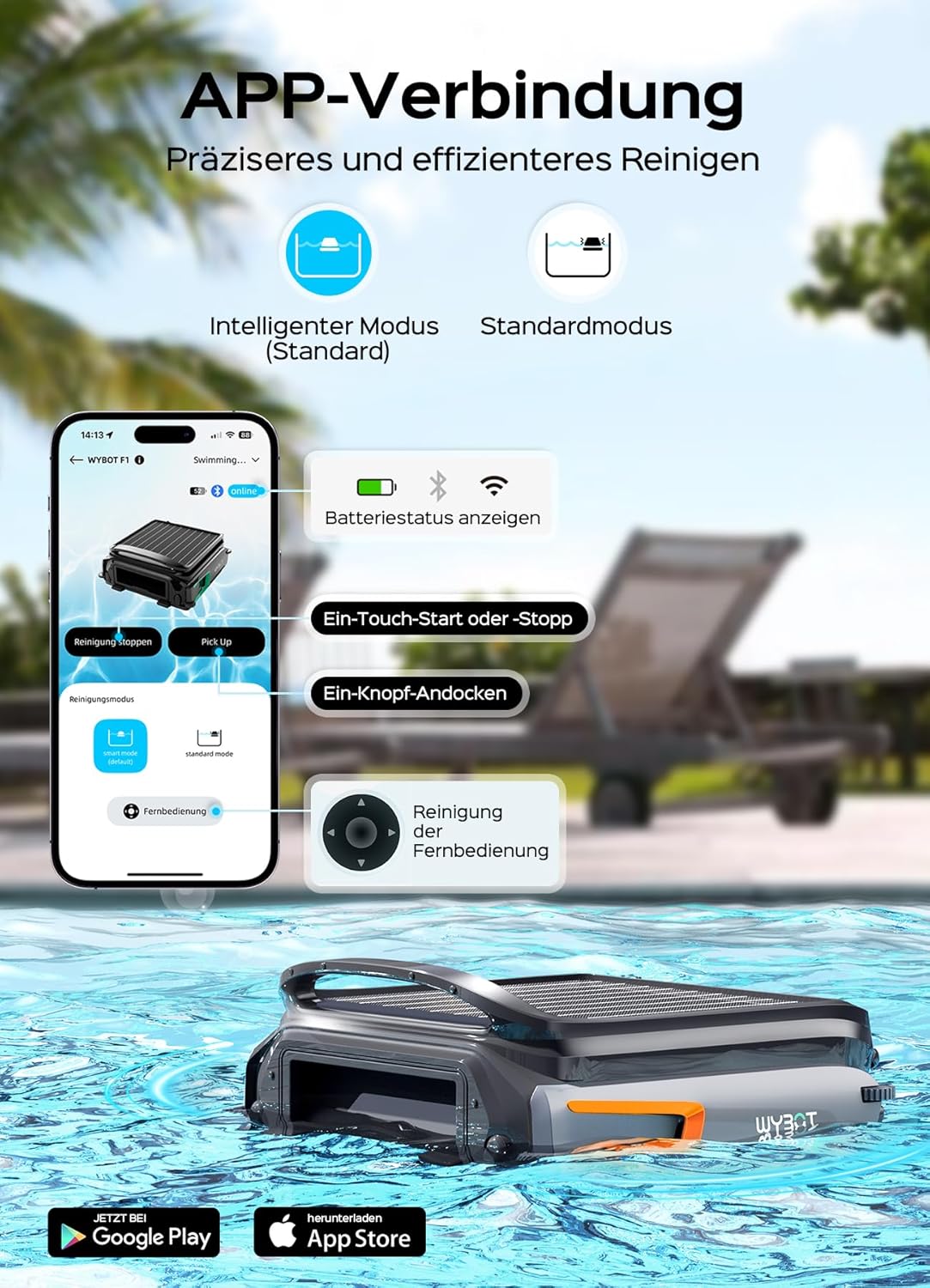WYBOT F1 Zwembad-skimmer op zonne-energie, zwembadrobot met accu, ultrastil, app-bediening, voor alle zwembaden, zwart oranje (oplader niet inbegrepen, zie speciale aanbieding)