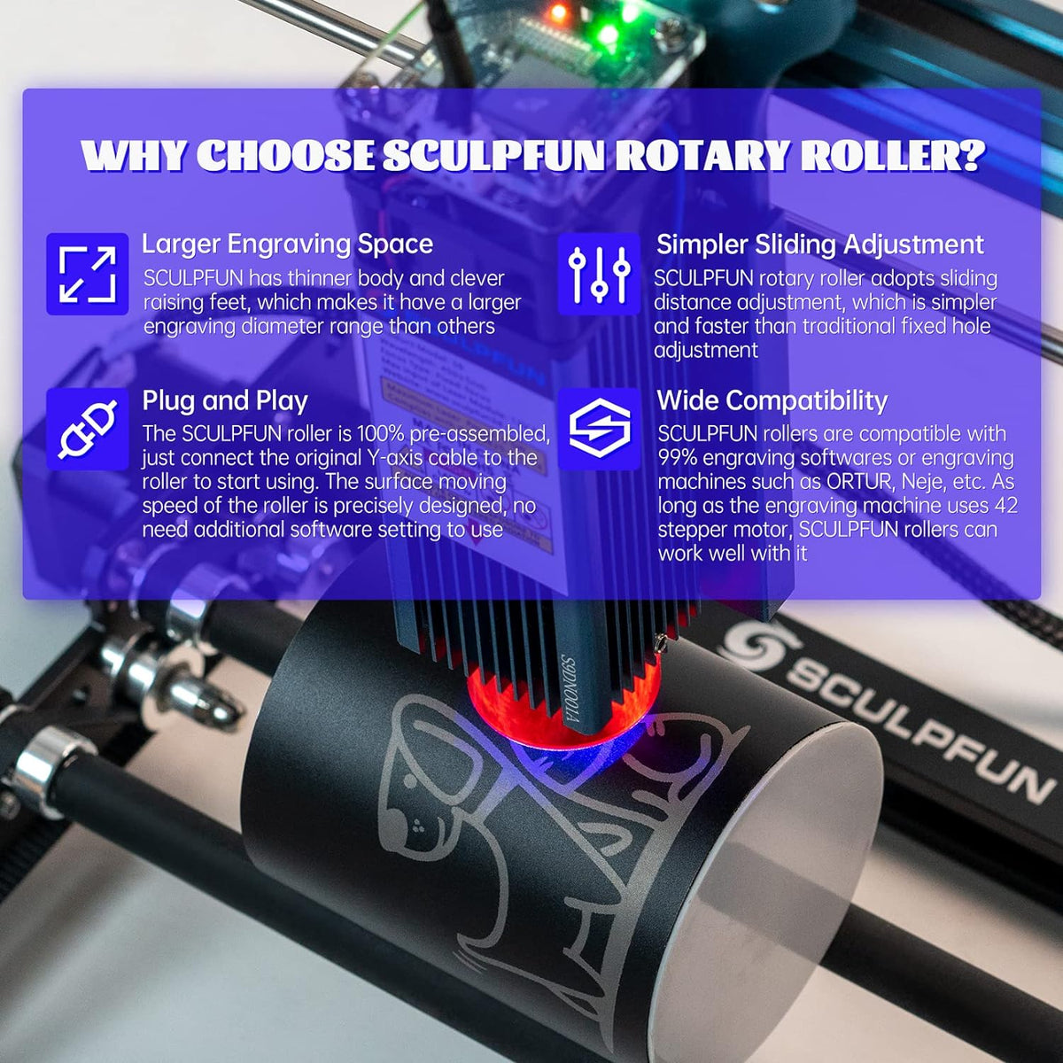 De laserrotatieroller van Sculpfun, lasergraveerder, Y-as-rotatieroller met een rotatie van 360 graden Celsius voor het lasergraveren van cilindrische objecten, blikjes, inclusief 4 verhogingsvoetjes