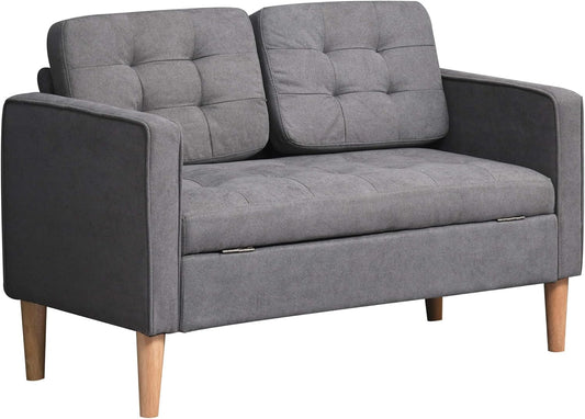 HOMCOM 2 Seater Sofa Fabric Sofa Double Sofa Removable with Cushion Rubberwood Cotton Grey 117 x 62 x 78 cm - QUORE