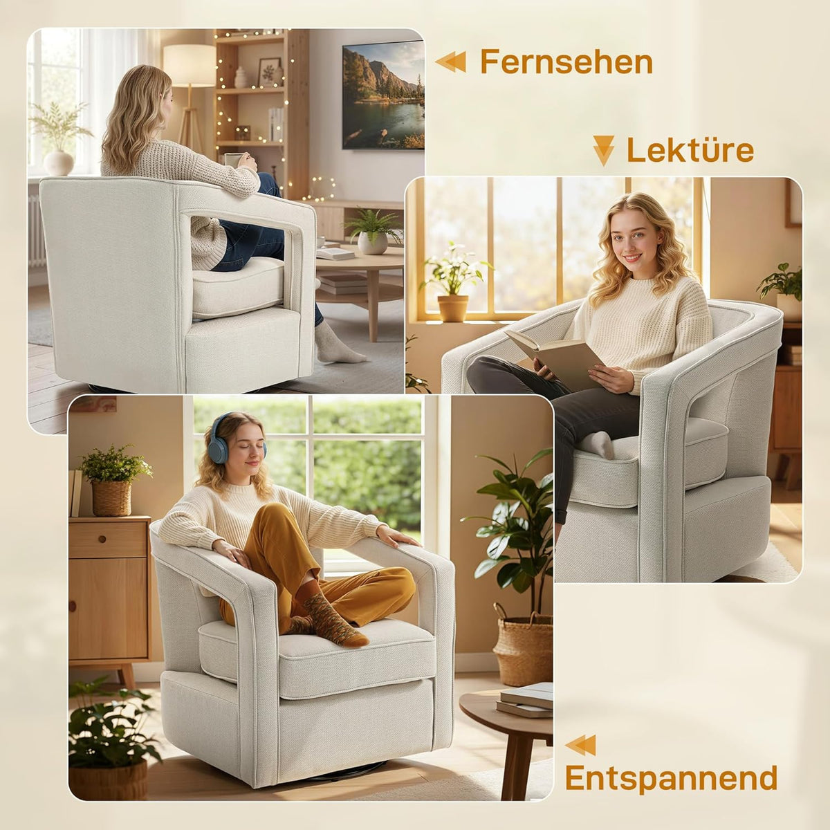 HOMCOM Fauteuil 360° draaibaar Loungestoel Relaxstoel met geïntegreerde rugleuning en armleuningen, linnenlook, gestoffeerde stoel voor slaapkamer Beige