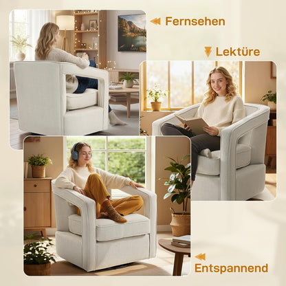 HOMCOM Fauteuil 360° draaibaar Loungestoel Relaxstoel met geïntegreerde rugleuning en armleuningen, linnenlook, gestoffeerde stoel voor slaapkamer Beige