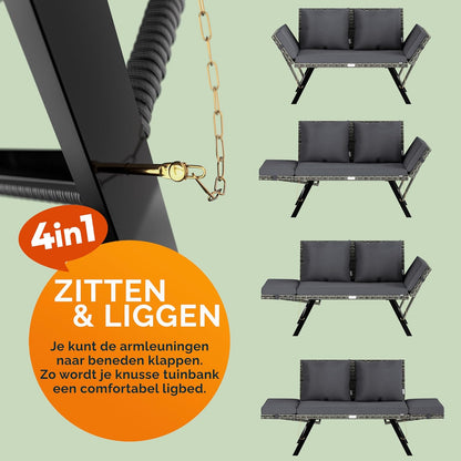 CASARIA® 2-in-1 Polyrattan Garden Bench & Lounger Incl. Cushions Adjustable Armrests Loungesofa Sun lounger Grey - QUORE