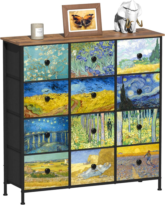VEDECASA Commode voor slaapkamer kast met 12 laden van stof Van Gogh opbergtoren voor kast voor woonkamer kinderkamer hal kantoor metalen frame houten plaat stoffen commode