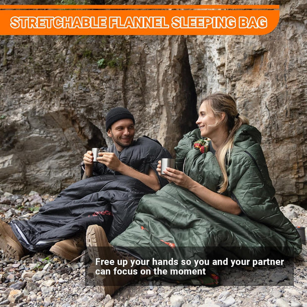 Kingcamp Flanellen slaapzak, 3-4 seizoenen, warme XXL slaapzak met ritssluiting voor armen, grote slaapzakken, outdoor, voor volwassenen op de camping