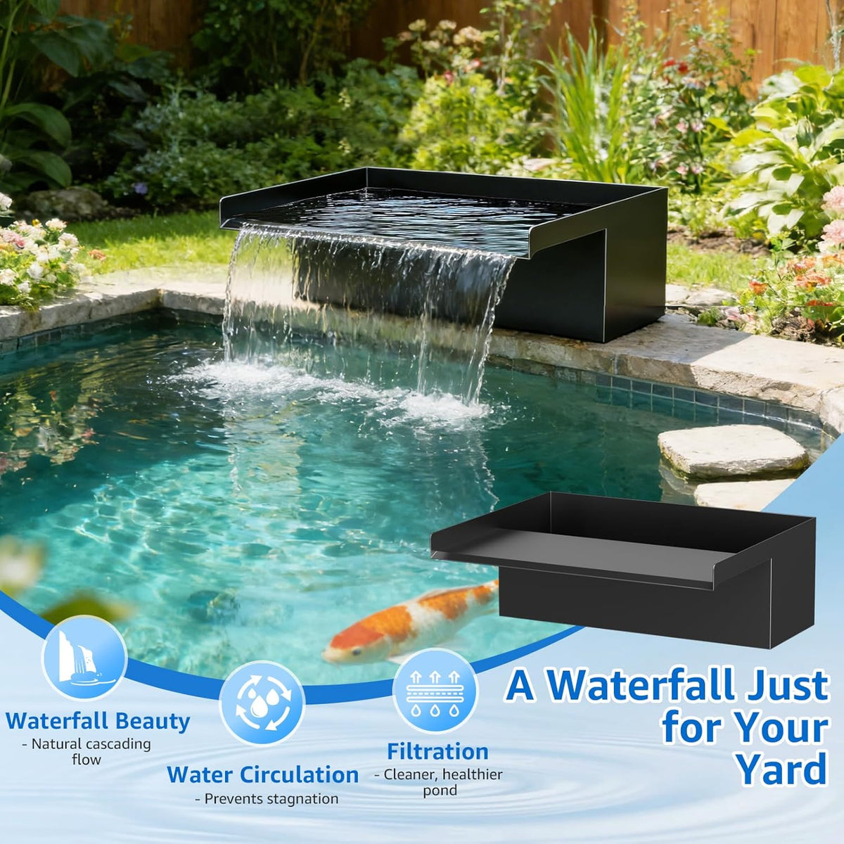 Watervalkit voor Vijver 30 cm: Set met Watervaluitloop in RVS 304, Pomp 2500 L/h, Vorstbestendige Slang 3 m en Kabel 5 m – Complete Fonteinkit