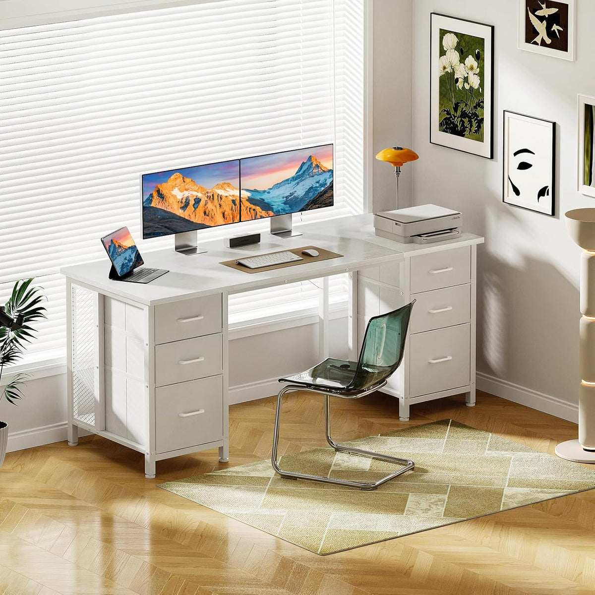 Coleshome Bureau met 6 laden, 160x52 cm Bureau met opslagruimte, Computerbureau met Planken voor Thuiskantoor, Wit
