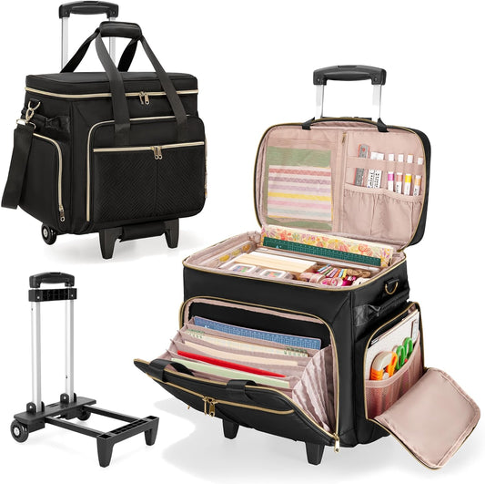 Rollende Scrapbooktas – Opbergtas Met Wielen – Knutselwagen – Organizer – Trolley – Zwart – 41,5 x 22 x 31,5 cm – Gevoerd Laptopvak En Stevige Constructie