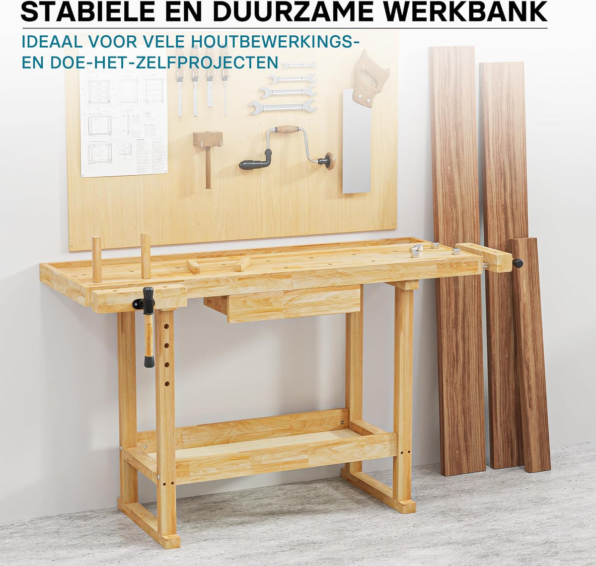 Werkbank 145x49x86cm hout (Rubberwood) met schuiflade, opbergbak, spantangen en bankschroeven