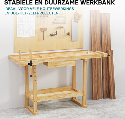 Werkbank 145x49x86cm hout (Rubberwood) met schuiflade, opbergbak, spantangen en bankschroeven