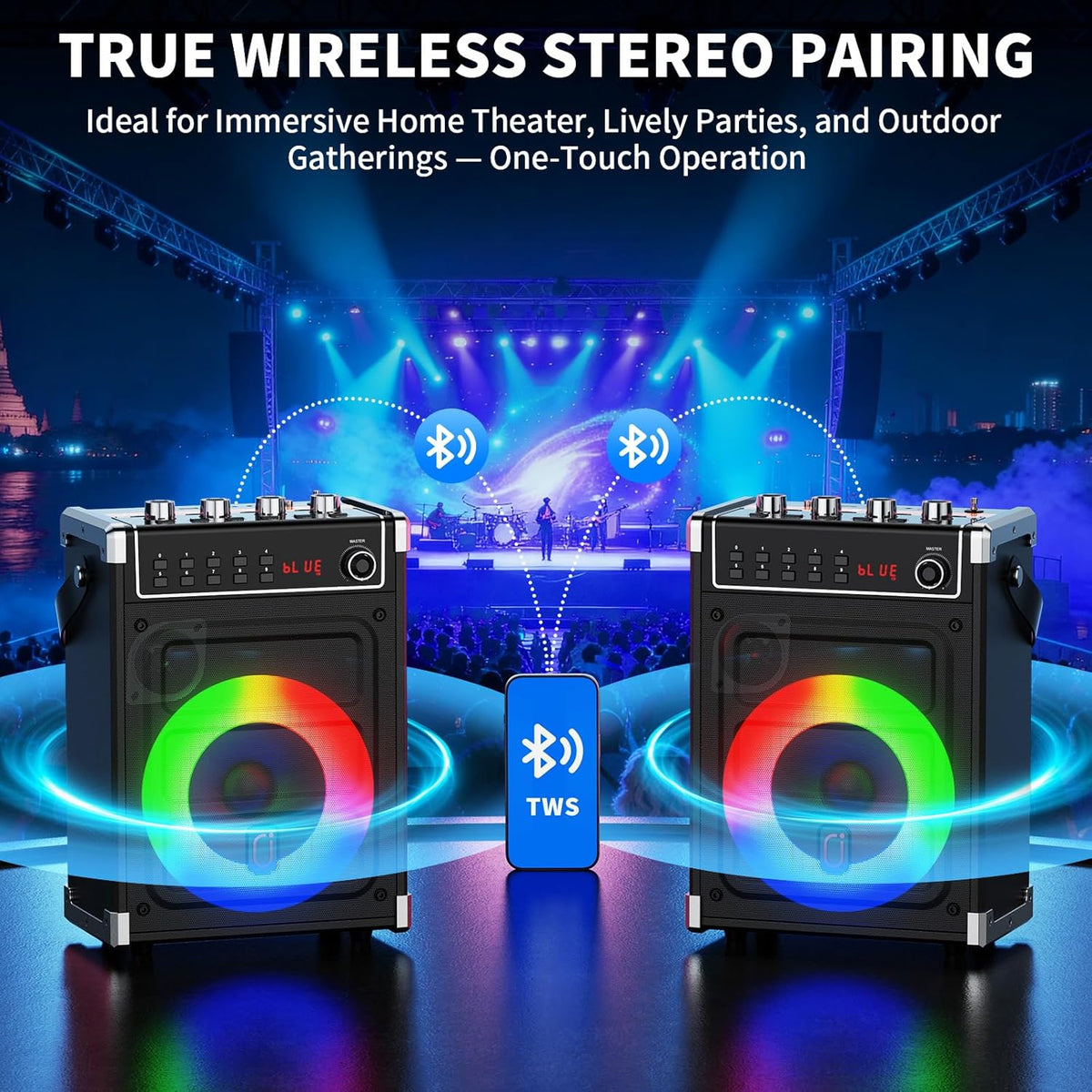 JYX karaokemachine met 2 UHF draadloze microfoons, bas/treble Bluetooth-luidspreker met LED-licht, ondersteuning TWS, AUX In, FM, REC, levering voor feest/volwassenen/kinderen - zwart