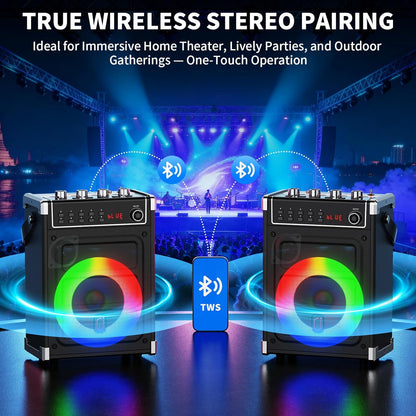 JYX karaokemachine met 2 UHF draadloze microfoons, bas/treble Bluetooth-luidspreker met LED-licht, ondersteuning TWS, AUX In, FM, REC, levering voor feest/volwassenen/kinderen - zwart