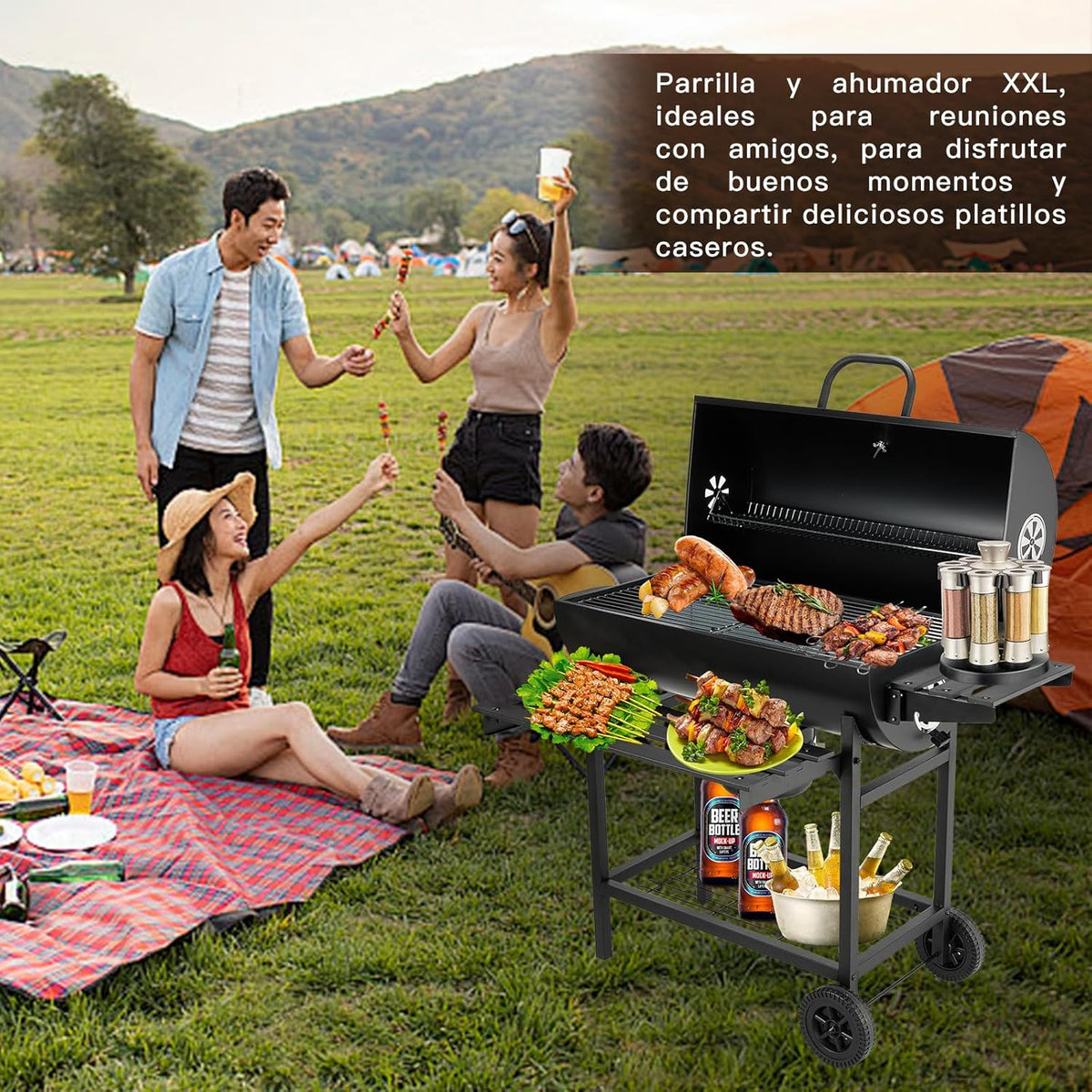 TEENO grill houtskoolgrill, met XXL-grillrooster, brandwondbestendige handschoen, thermometer, aslade, verstelbare bodem, grote houtskoolgrill (Basic)