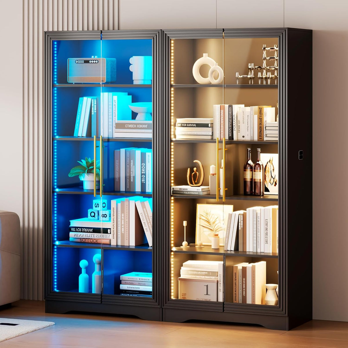 LVSOMT Glazen vitrine met LED-verlichting, 165 cm vitrinekast met glazen deuren, vitrine met 4 displayplanken, 3 kleuren licht, vitrine glas hout woonkamer hal, zwart