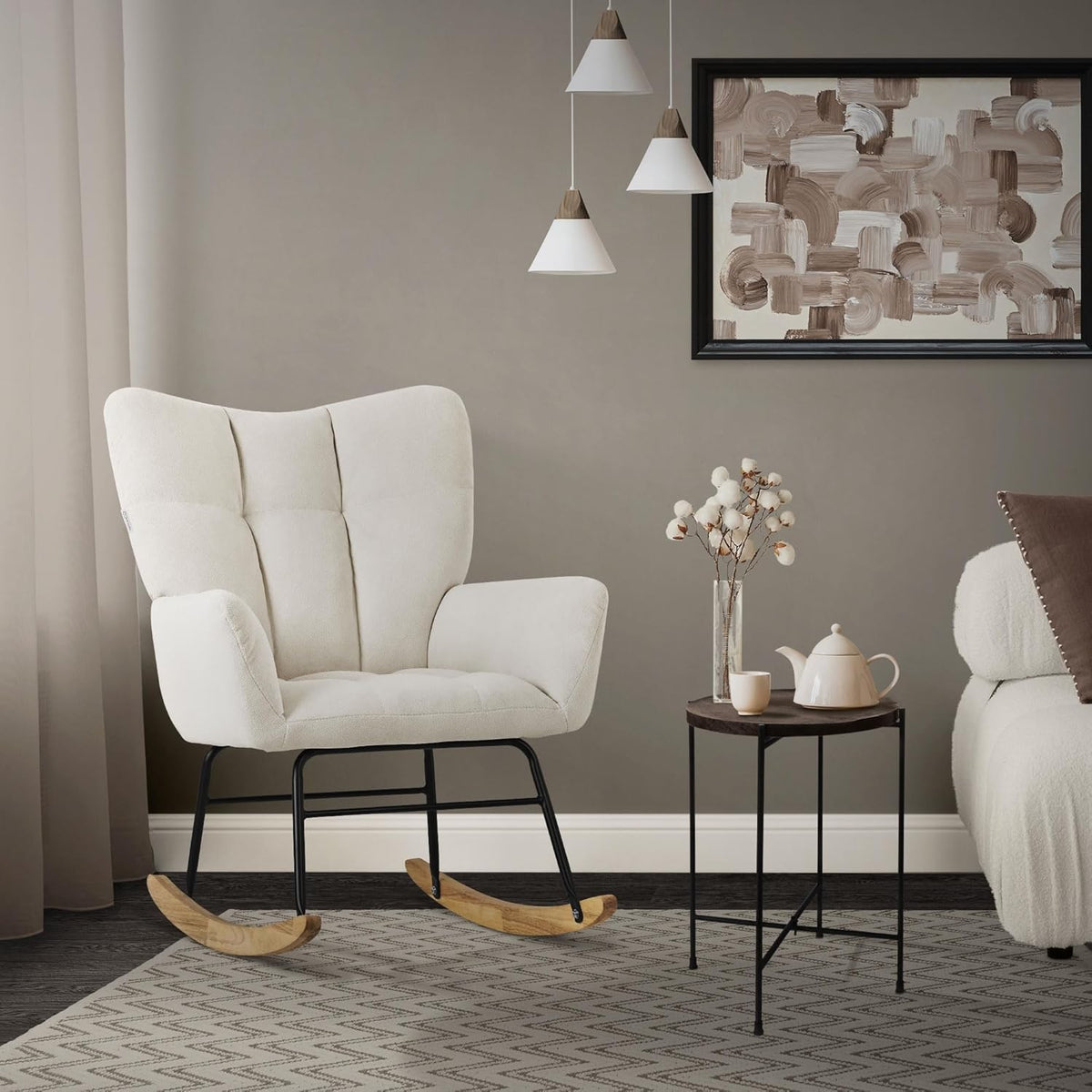 ML-Design Rocking Chair with Terry Cloth Upholstery, Upholstered Armchair with Wooden Sleds and Armrests for Living Room/Bedroom/Balcony, Beige Recliner with Wings