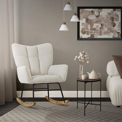 ML-Design Rocking Chair with Terry Cloth Upholstery, Upholstered Armchair with Wooden Sleds and Armrests for Living Room/Bedroom/Balcony, Beige Recliner with Wings