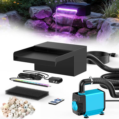 POPOSOAP 20 cm brede vijverwaterval, roestvrijstalen watervalbox met 2500 l/u vijverpomp, op afstand bestuurde kleurwisselende led-lichtketting, buiten-waterspel voor tuinvijver