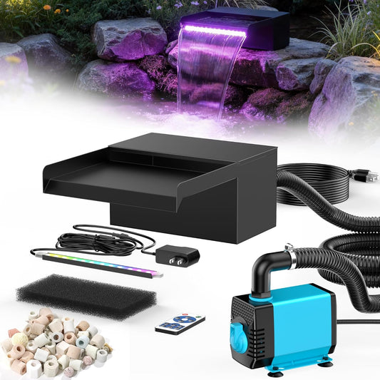 POPOSOAP 20 cm brede vijverwaterval, roestvrijstalen watervalbox met 2500 l/u vijverpomp, op afstand bestuurde kleurwisselende led-lichtketting, buiten-waterspel voor tuinvijver