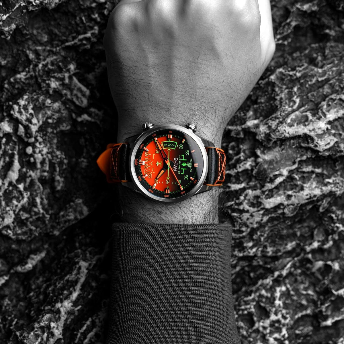 AVI-8 Heren 44mm Hawker Harrier HUD automatisch horloge met rubber/lederen band AV-4117