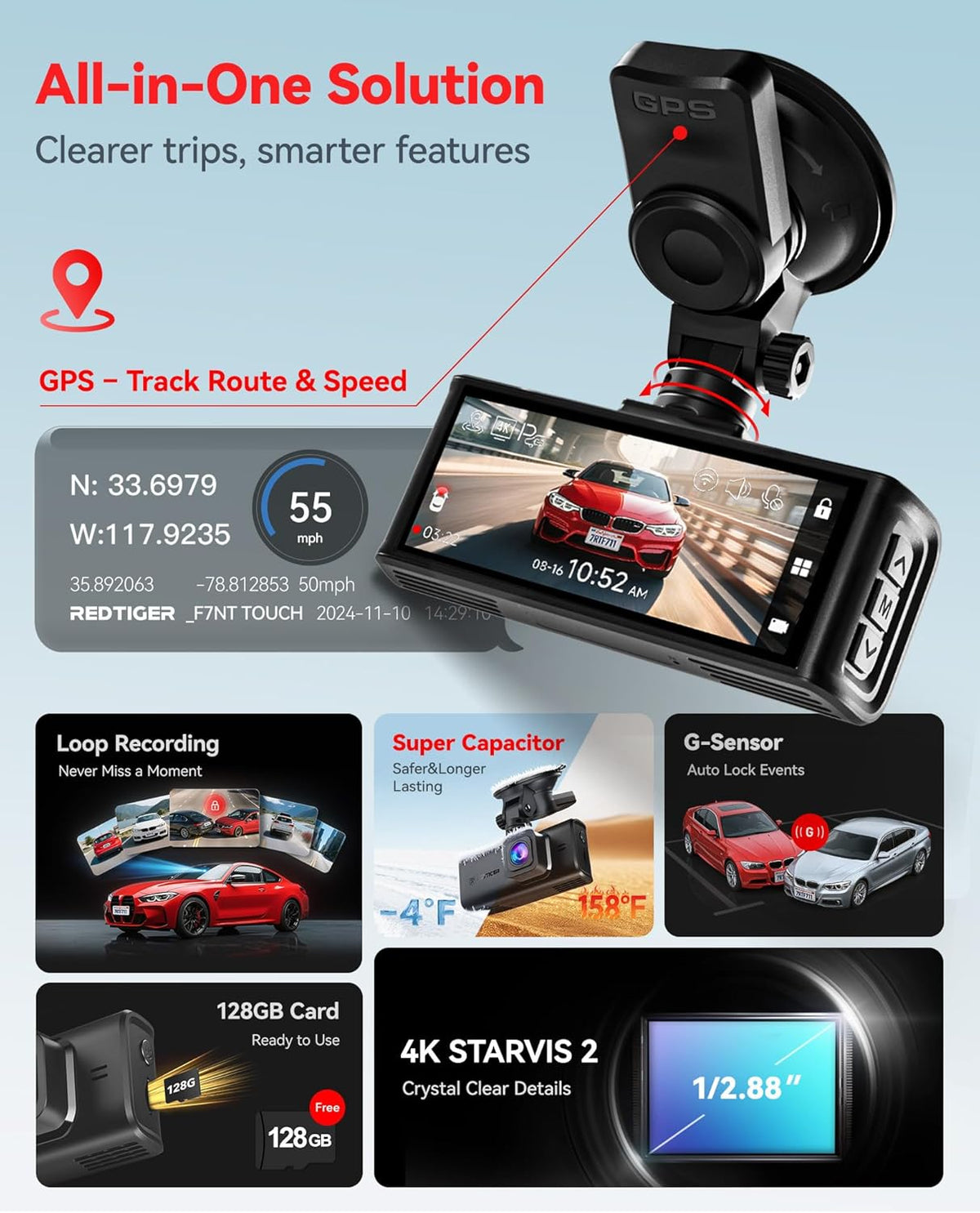 Dashcam Voor En Achter – Autocamera – Dashboardcamera – Rijregistratiecamera – Voertuigcamera – 4K UHD Voorcamera En 1080P Achtercamera – 3,18 Inch Touchscreen Met Wifi En GPS