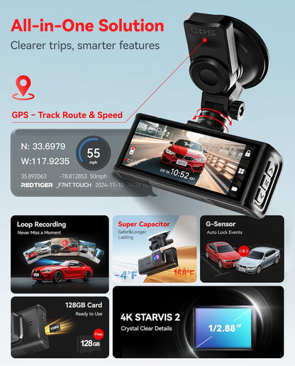 Dashcam Voor En Achter – Autocamera – Dashboardcamera – Rijregistratiecamera – Voertuigcamera – 4K UHD Voorcamera En 1080P Achtercamera – 3,18 Inch Touchscreen Met Wifi En GPS