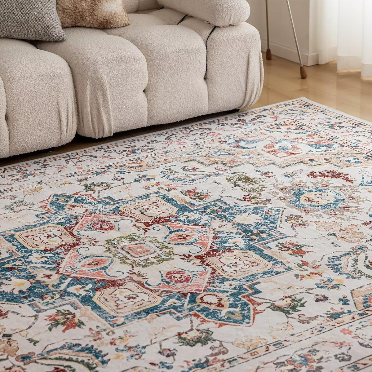 CHOSHOME Tapijten voor de woonkamer en slaapkamer, groot wasbaar laagpolig tapijt, modern vintage klassieke stijlen, antislip boho-stijl, machinewasbaar wol, beige